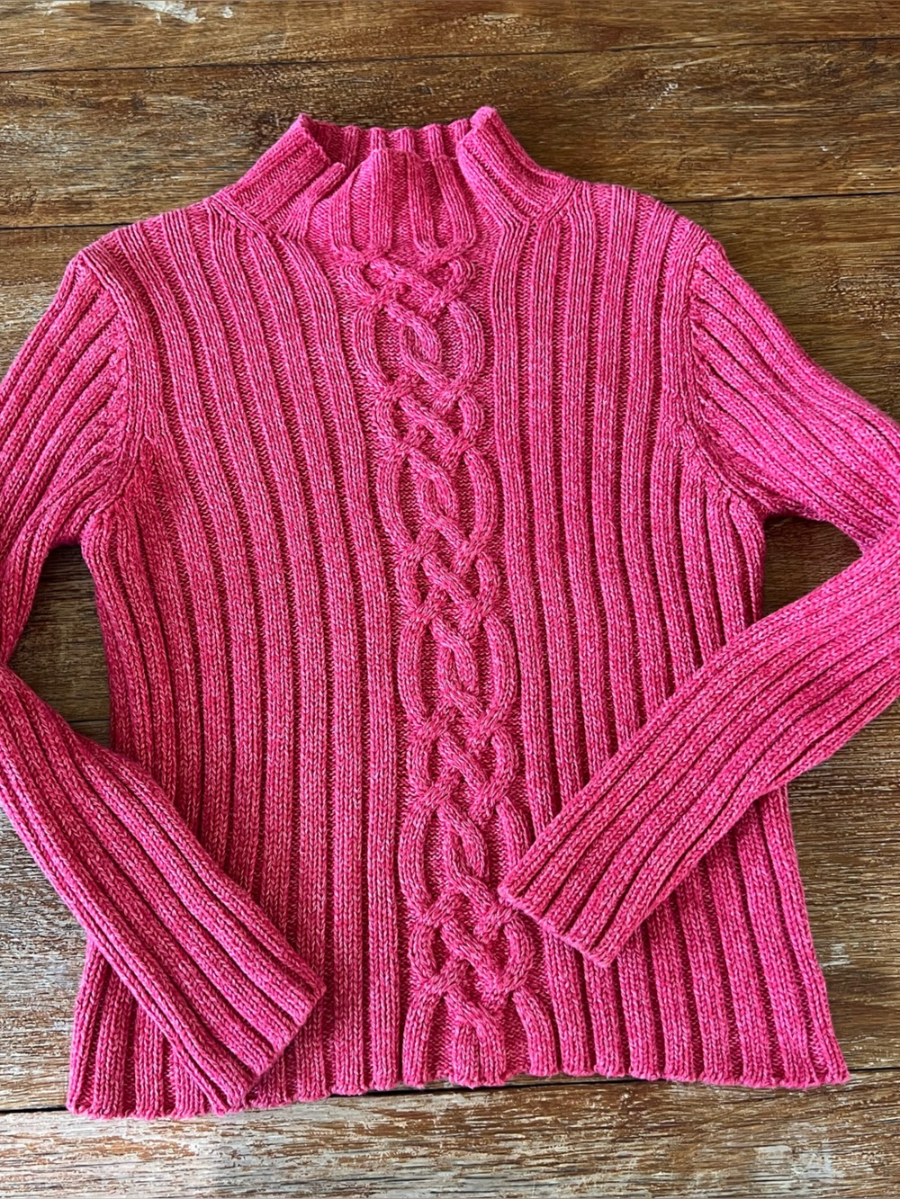 LL Bean Ribbed Cable Knit Mock Neck Sweater Marled Pink Cotton Size M